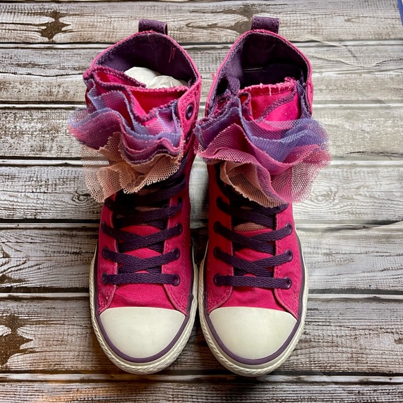 Converse Girls All Star Chuck Taylor Distressed Pink Party Hi Top Sneakers 4 - Picture 9 of 16